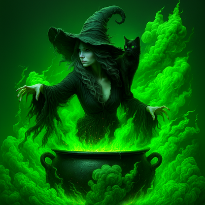 Witch Brewing Cauldron Neon Green Potion Gothic Halloween Wall Art Digital Download Printable Digital Download Magic Poster Art