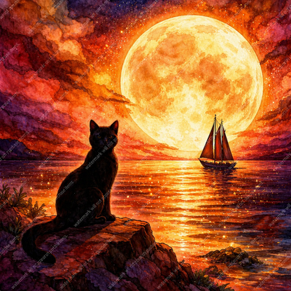 Black Cat Moonlit Ocean Art Print PNG Fantasy Night Sky Sailboat Illustration Gothic Coastal Wall Decor Mystic Seascape Digital Download
