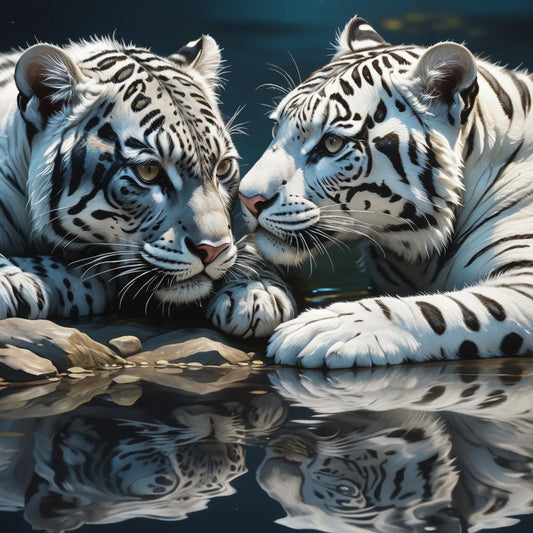 White Tiger Cubs Twins Playing in the Water - Hand Crafted One of A Kind - Digital Download Art Poster, Canvas Print, Wall Art, Cottage Core, DIY Art Gift