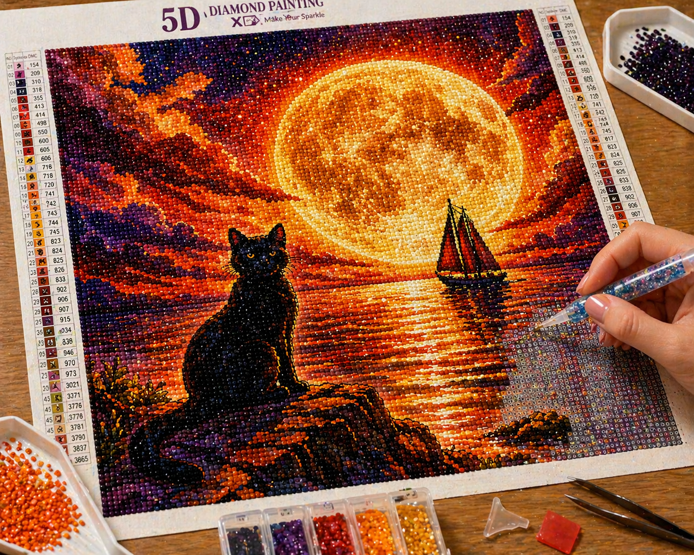Black Cat Moonlit Ocean Art Print PNG Fantasy Night Sky Sailboat Illustration Gothic Coastal Wall Decor Mystic Seascape Digital Download
