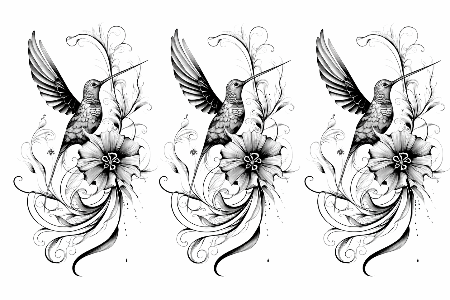 Hummingbird and Flower Tattoo Digital Download Black and White and Color PNG Elegant Nature Realistic Art