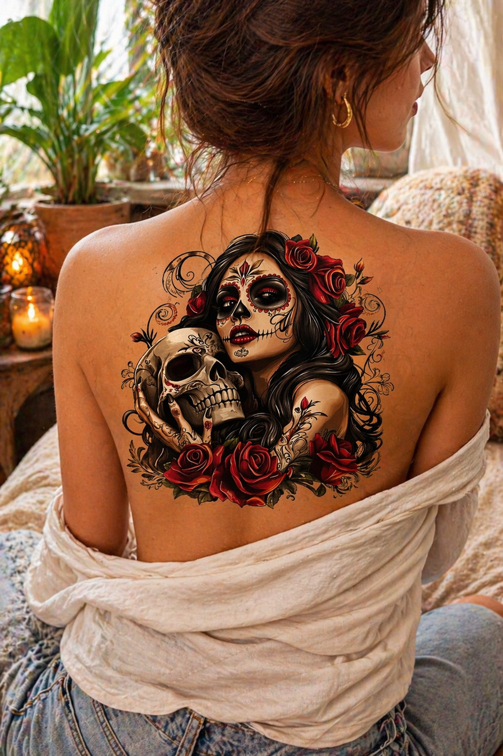 Day of the Dead Sugar Skull Woman PNG Gothic Floral La Catrina Rose Skull Dark Feminine Tattoo Style Digital Download