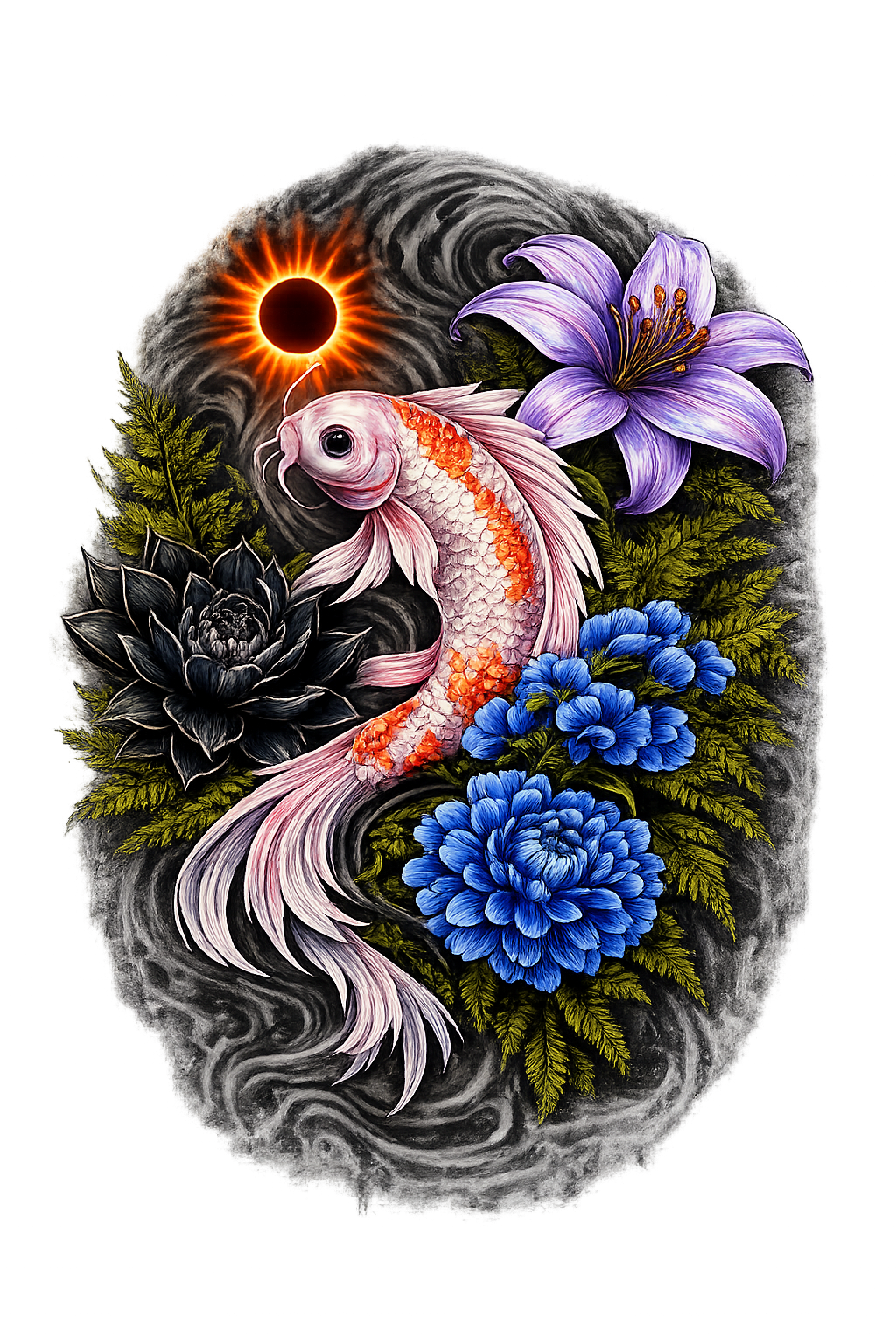 Iridescent Koi Fish Tattoo Design PNG Floral Japanese Style Wall Art Printable T Shirt Graphic Blue Flowers Purple Lily