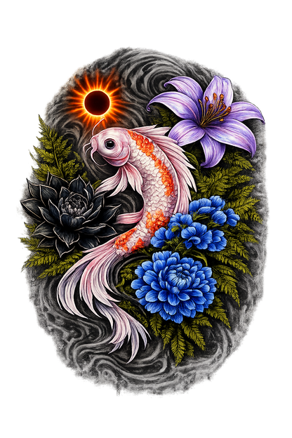Iridescent Koi Fish Tattoo Design PNG Floral Japanese Style Wall Art Printable T Shirt Graphic Blue Flowers Purple Lily