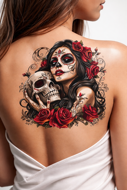 Day of the Dead Sugar Skull Woman Rose Skull Art PNG Gothic Floral La Catrina Design Dark Feminine Tattoo Style Digital Download