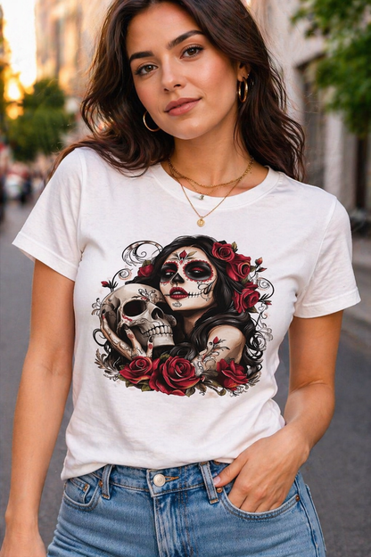 Day of the Dead Sugar Skull Woman PNG Gothic Floral La Catrina Rose Skull Dark Feminine Tattoo Style Digital Download