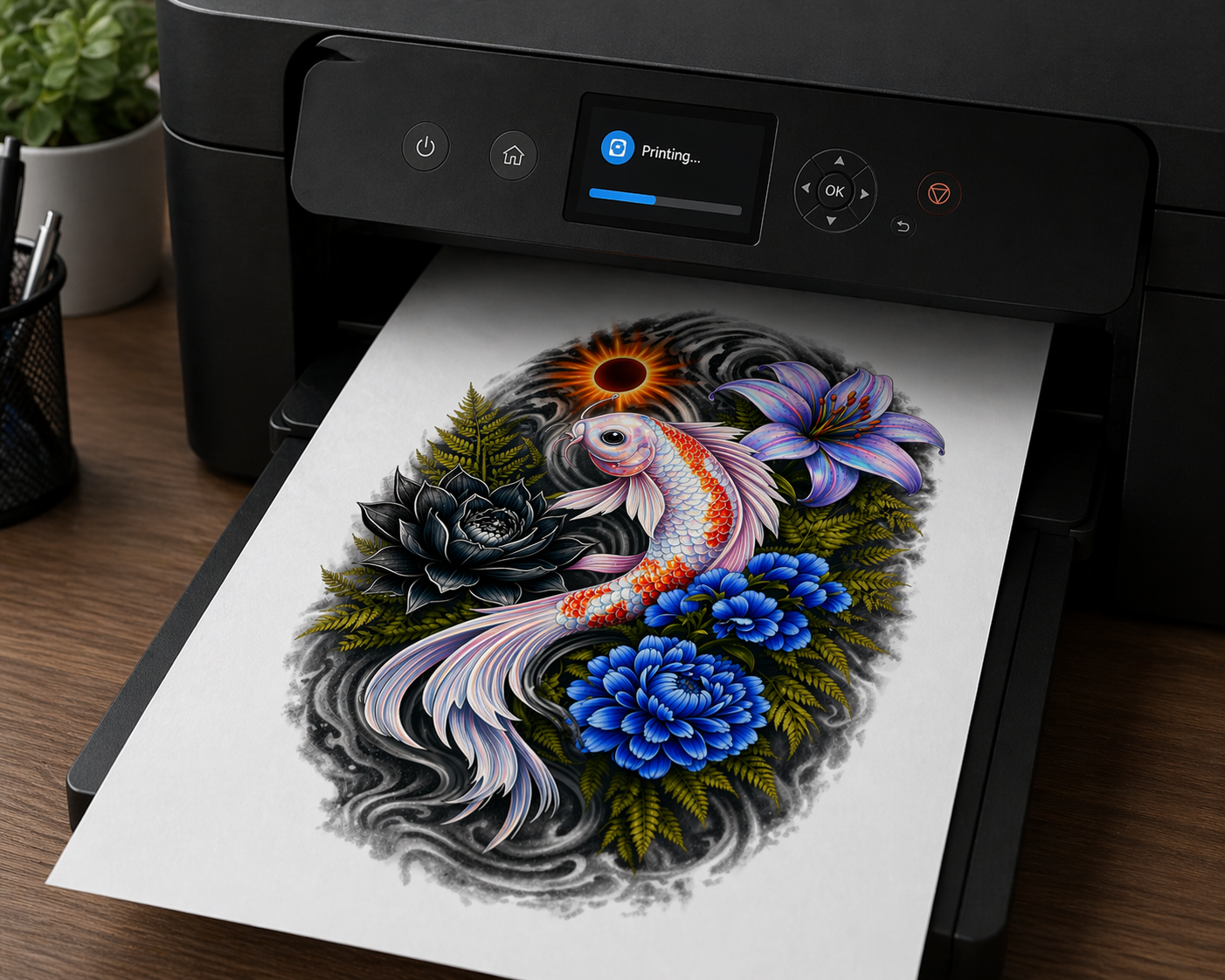 Iridescent Koi Fish Tattoo Design PNG Floral Japanese Style Wall Art Printable T Shirt Graphic Blue Flowers Purple Lily