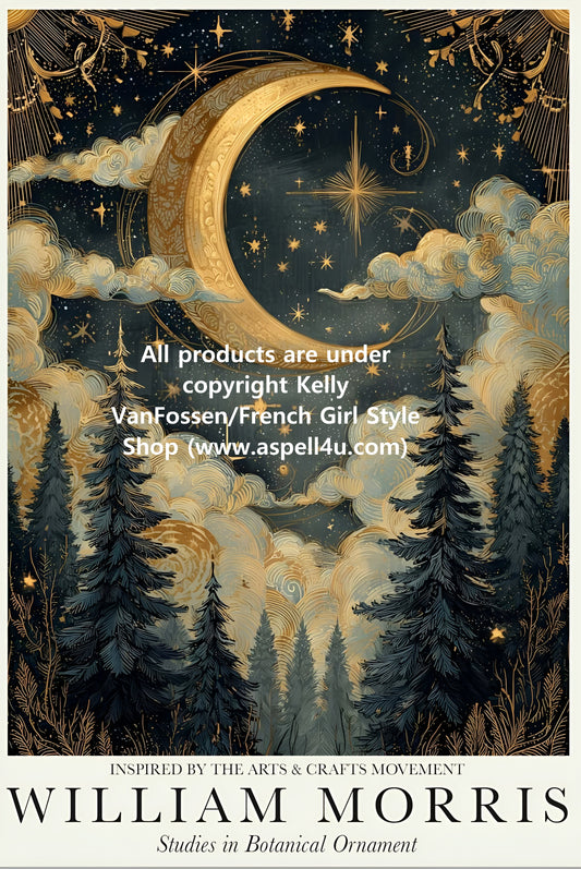William Morris Moonlit Woods Crescent Moon Forest Scene Vintage Botanical Art Print