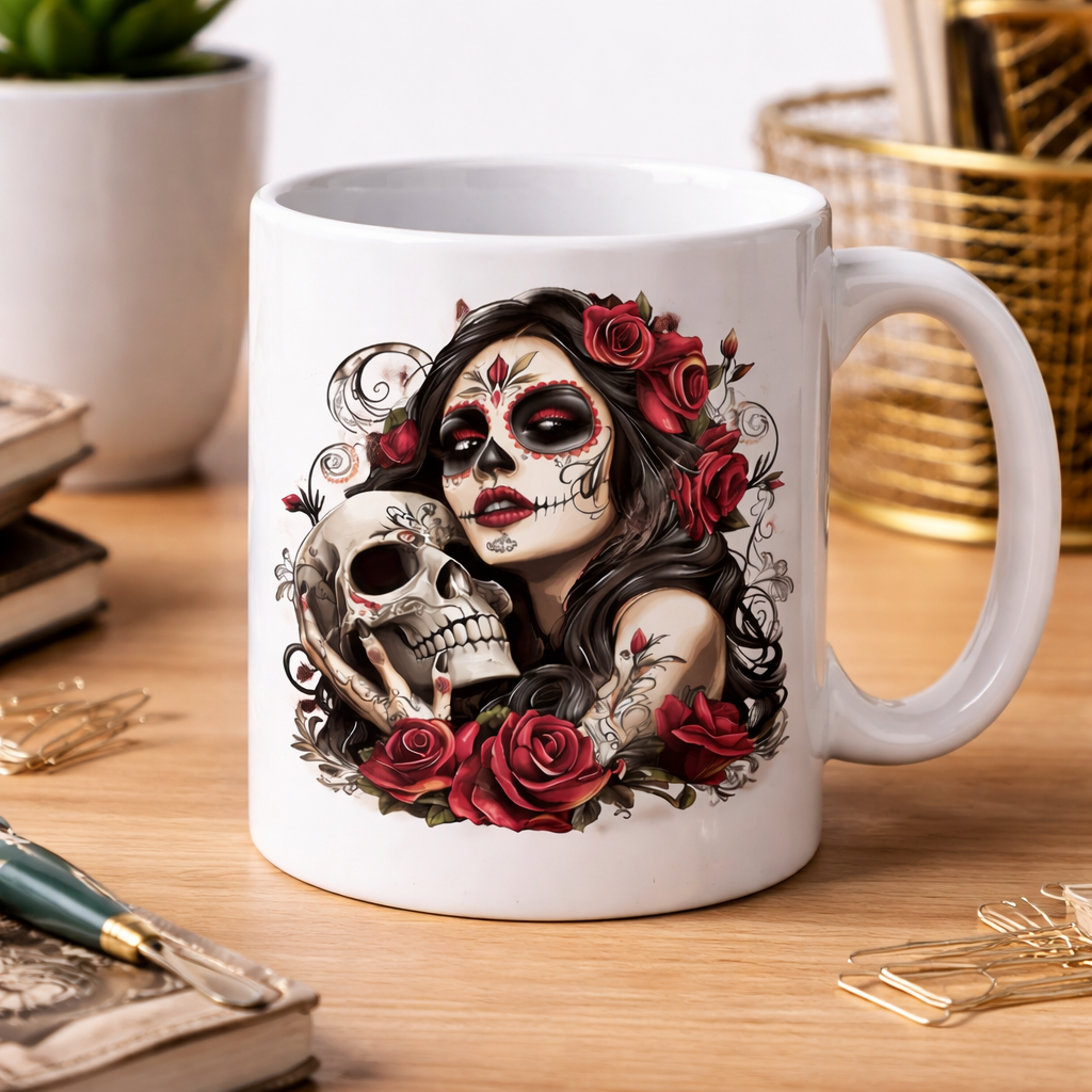 Day of the Dead Sugar Skull Woman Rose Skull Art PNG Gothic Floral La Catrina Design Dark Feminine Tattoo Style Digital Download