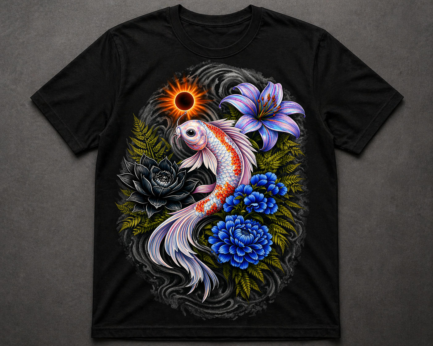 Iridescent Koi Fish Tattoo Design PNG Floral Japanese Style Wall Art Printable T Shirt Graphic Blue Flowers Purple Lily
