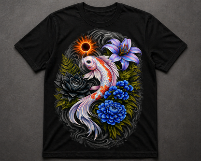 Iridescent Koi Fish Tattoo Design PNG Floral Japanese Style Wall Art Printable T Shirt Graphic Blue Flowers Purple Lily
