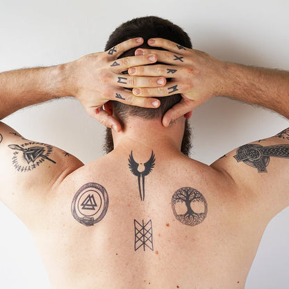 Viking Temporary Tattoo Set Norse Runes Vegvisir Compass Helm of Awe Nordic Warrior Designs for Cosplay LARP Festivals and Reenactments