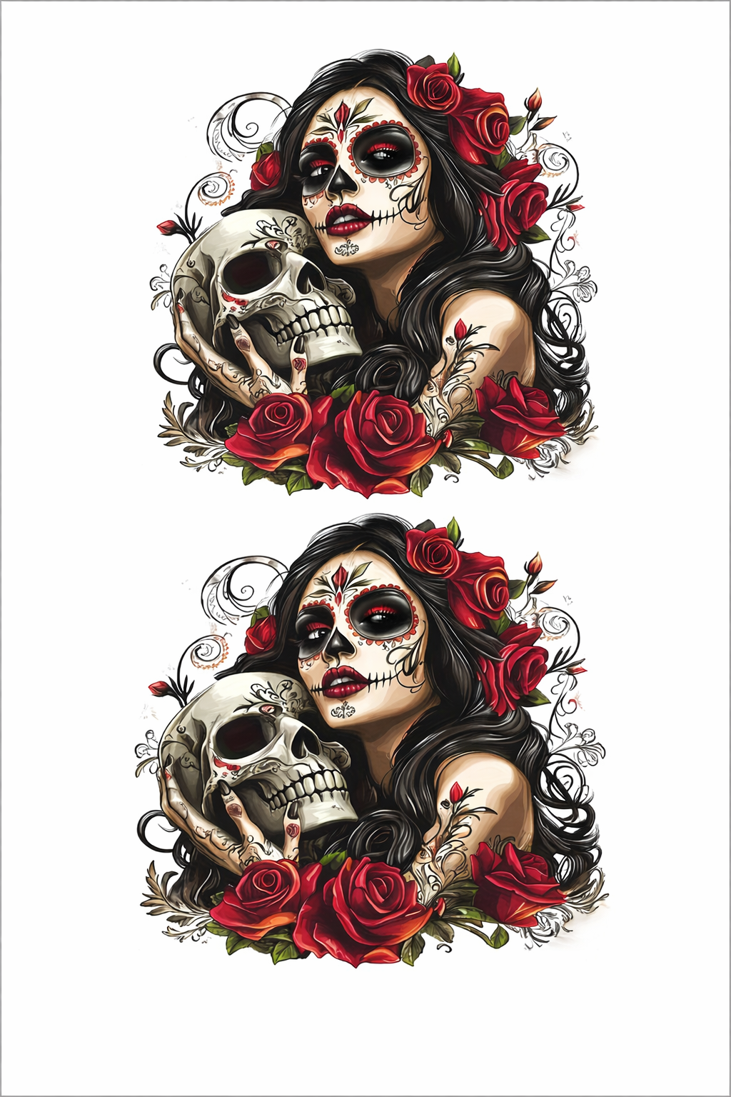 Day of the Dead Sugar Skull Woman Rose Skull Art PNG Gothic Floral La Catrina Design Dark Feminine Tattoo Style Digital Download