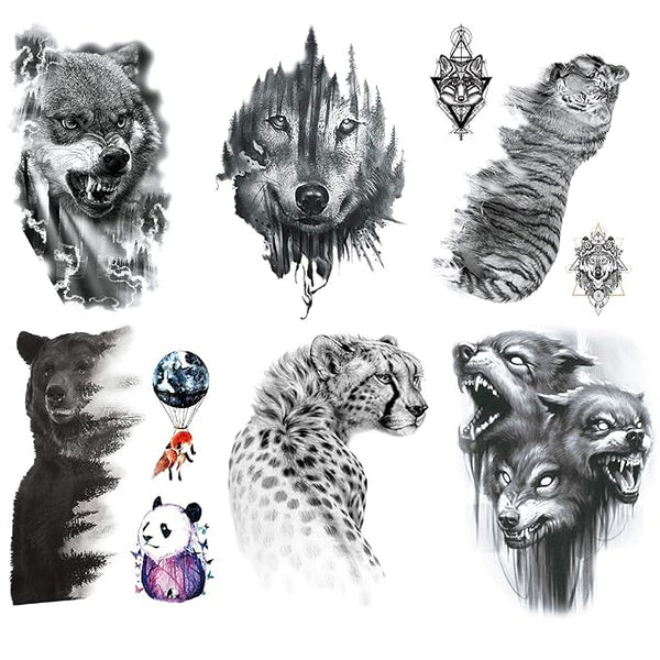 6 Sheets Large 3D Black Lion Face Temporary Tattoos for Men Women, Half Arm Sleeve Tattoo Stickers for Teens Adults, Waterproof Black Lion King Fake Tattoo