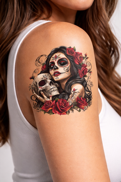 Day of the Dead Sugar Skull Woman Rose Skull Tattoo Set