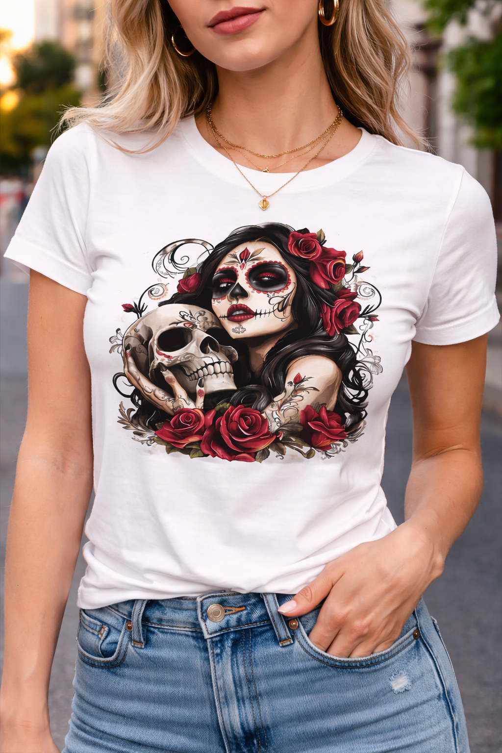 Day of the Dead Sugar Skull Woman Rose Skull Art PNG Gothic Floral La Catrina Design Dark Feminine Tattoo Style Digital Download