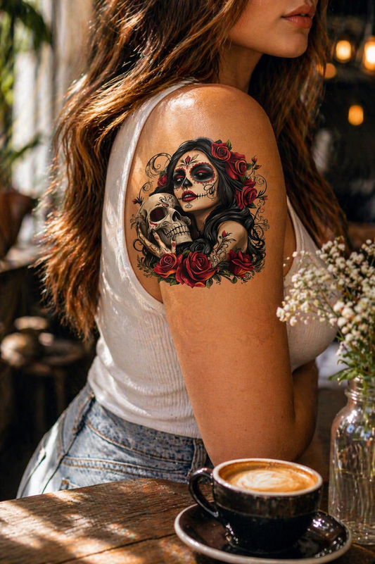 Day of the Dead Sugar Skull Woman PNG Gothic Floral La Catrina Rose Skull Dark Feminine Tattoo Style Digital Download