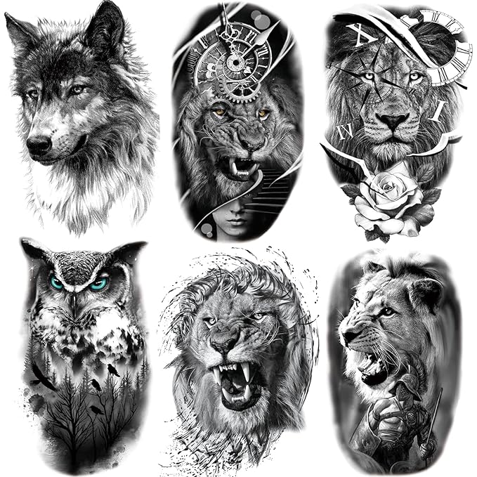 6 Sheets Large 3D Black Lion Face Temporary Tattoos for Men Women, Half Arm Sleeve Tattoo Stickers for Teens Adults, Waterproof Black Lion King Fake Tattoo