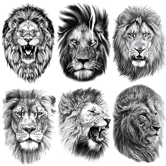 6 Sheets Large 3D Black Lion Face Temporary Tattoos for Men Women, Half Arm Sleeve Tattoo Stickers for Teens Adults, Waterproof Black Lion King Fake Tattoo