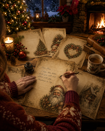 Vintage Christmas Stationery Printable Set of 5, Lined Holiday Writing Paper, Santa, Snowman, Christmas Tree, PNG Download