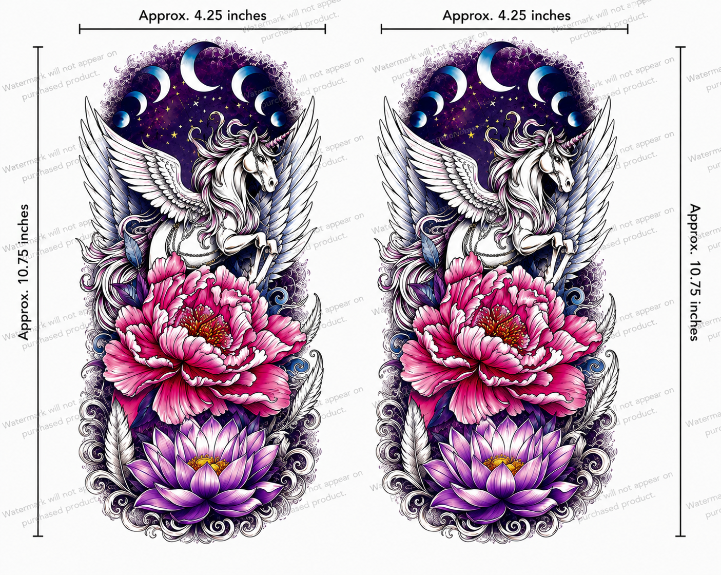 Celestial Unicorn Floral Tattoo Designs – Set of 16 Printable Fantasy Temporary Tattoo Art Downloads