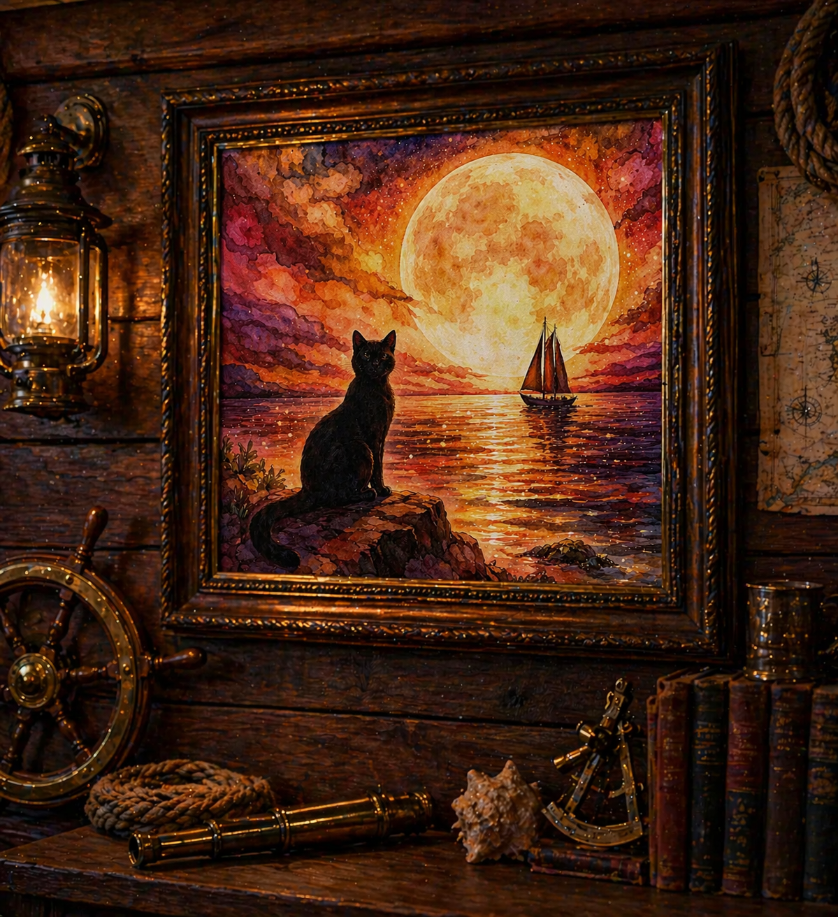 Black Cat Moonlit Ocean Art Print PNG Fantasy Night Sky Sailboat Illustration Gothic Coastal Wall Decor Mystic Seascape Digital Download