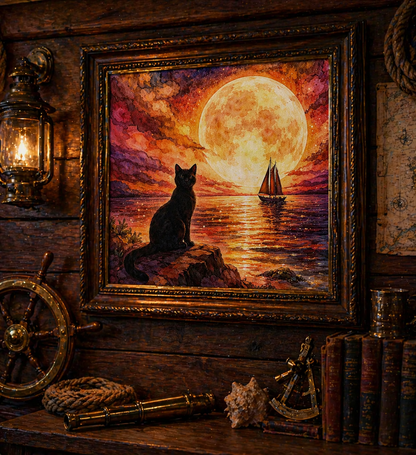 Black Cat Moonlit Ocean Art Print PNG Fantasy Night Sky Sailboat Illustration Gothic Coastal Wall Decor Mystic Seascape Digital Download