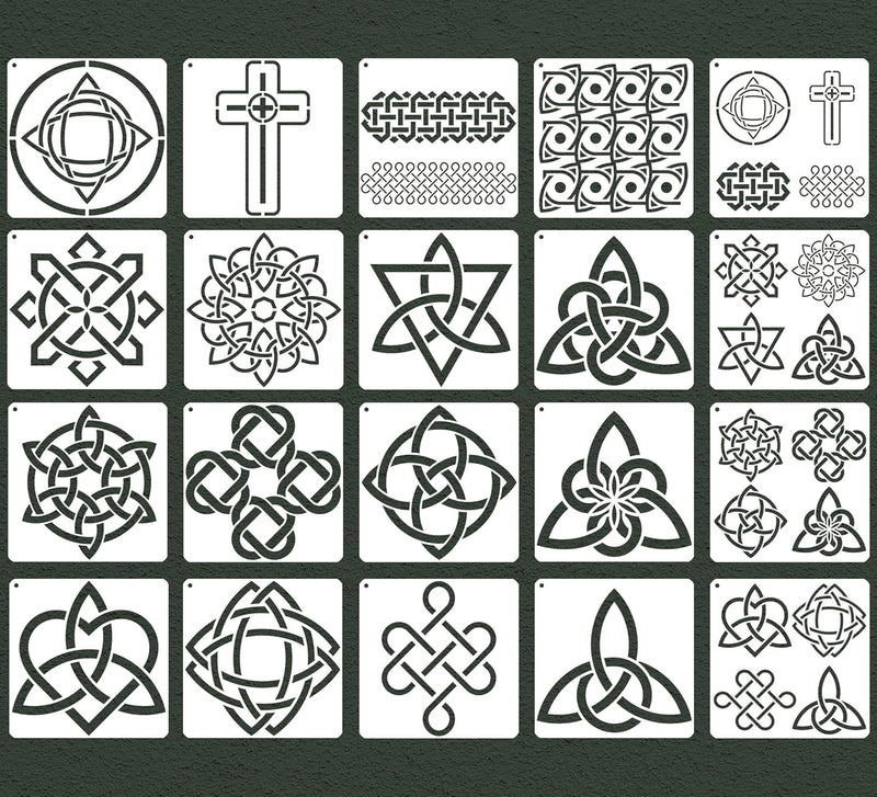 Celtic Knot Stencils, Set of 20 Each - Traditional Irish Designs, 6 X 6 Inch Reusable Mylar Stencil for DIY Crafts and Decorations, Celtic Stencil for Painting On Wood, Fabric, Walls, and More