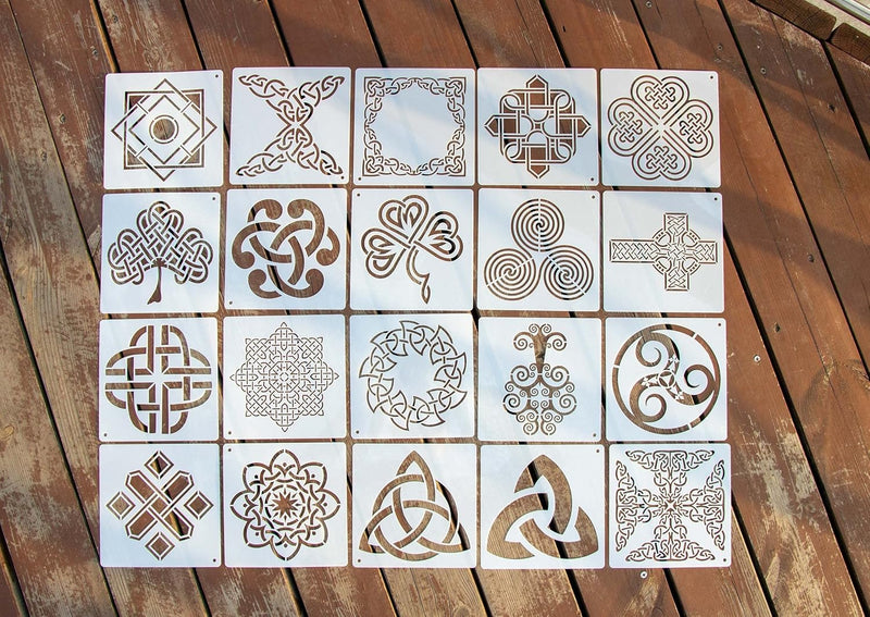 Celtic Knot Stencils, Set of 20 Each - Traditional Irish Designs, 6 X 6 Inch Reusable Mylar Stencil for DIY Crafts and Decorations, Celtic Stencil for Painting On Wood, Fabric, Walls, and More
