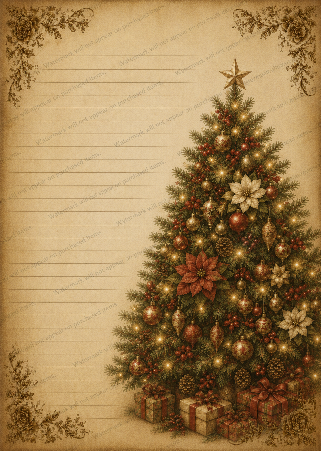 Vintage Christmas Stationery Printable Set of 5, Lined Holiday Writing Paper, Santa, Snowman, Christmas Tree, PNG Download