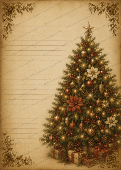 Vintage Christmas Stationery Printable Set of 5, Lined Holiday Writing Paper, Santa, Snowman, Christmas Tree, PNG Download