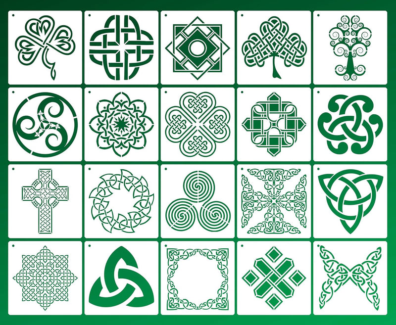 Celtic Knot Stencils, Set of 20 Each - Traditional Irish Designs, 6 X 6 Inch Reusable Mylar Stencil for DIY Crafts and Decorations, Celtic Stencil for Painting On Wood, Fabric, Walls, and More