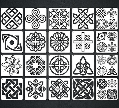 Celtic Knot Stencils, Set of 20 Each - Traditional Irish Designs, 6 X 6 Inch Reusable Mylar Stencil for DIY Crafts and Decorations, Celtic Stencil for Painting On Wood, Fabric, Walls, and More