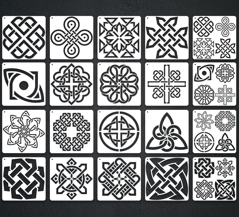 Celtic Knot Stencils, Set of 20 Each - Traditional Irish Designs, 6 X 6 Inch Reusable Mylar Stencil for DIY Crafts and Decorations, Celtic Stencil for Painting On Wood, Fabric, Walls, and More