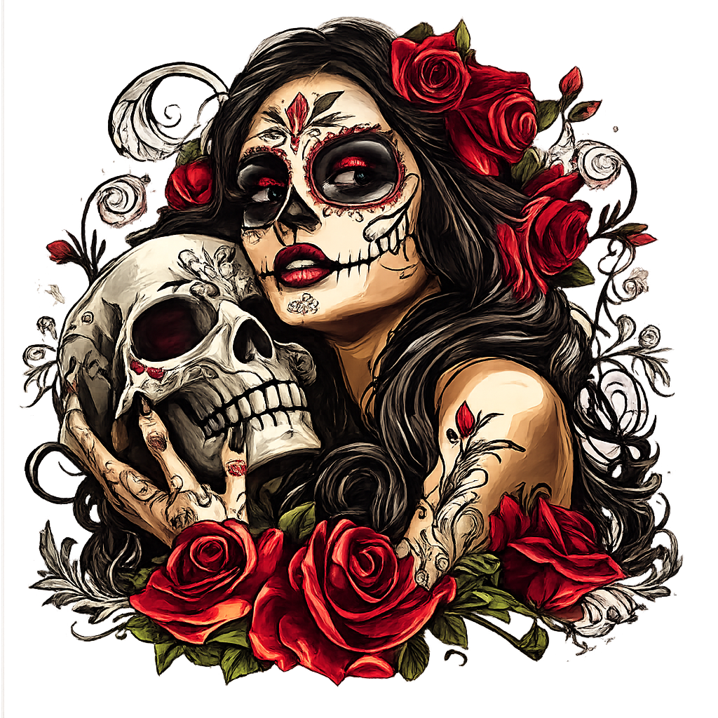 Day of the Dead Sugar Skull Woman PNG Gothic Floral La Catrina Rose Skull Dark Feminine Tattoo Style Digital Download