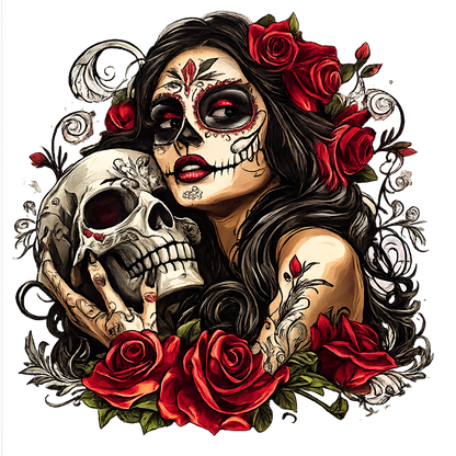 Day of the Dead Sugar Skull Woman PNG Gothic Floral La Catrina Rose Skull Dark Feminine Tattoo Style Digital Download