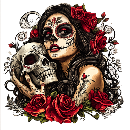Day of the Dead Sugar Skull Woman PNG Gothic Floral La Catrina Rose Skull Dark Feminine Tattoo Style Digital Download