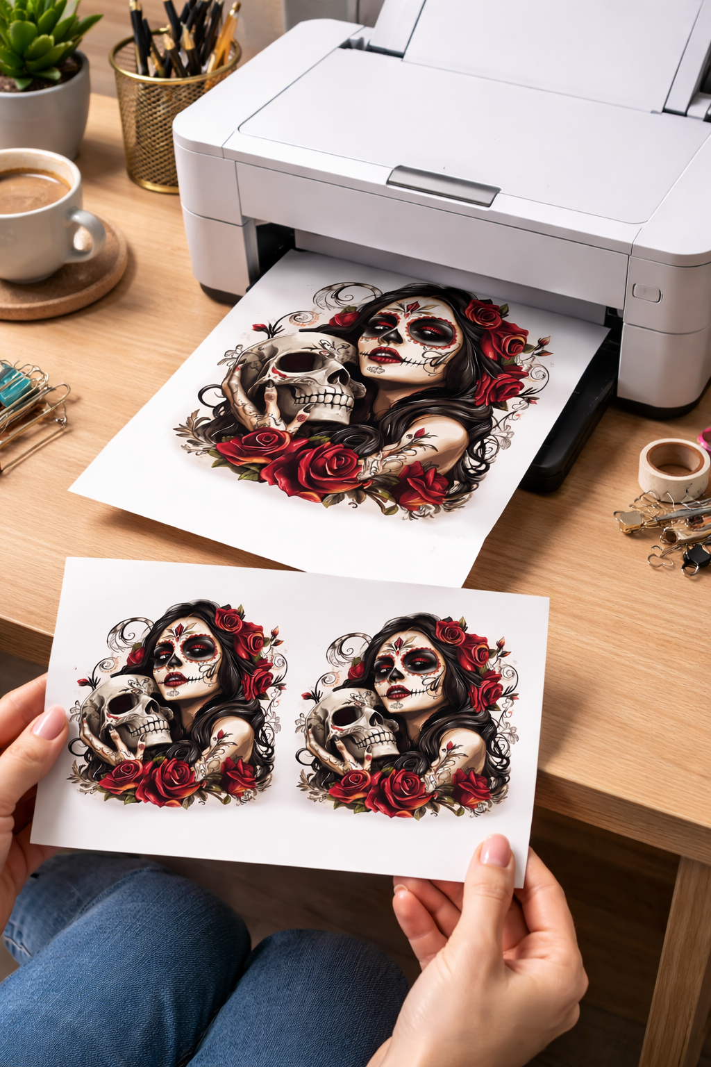Day of the Dead Sugar Skull Woman Rose Skull Art PNG Gothic Floral La Catrina Design Dark Feminine Tattoo Style Digital Download