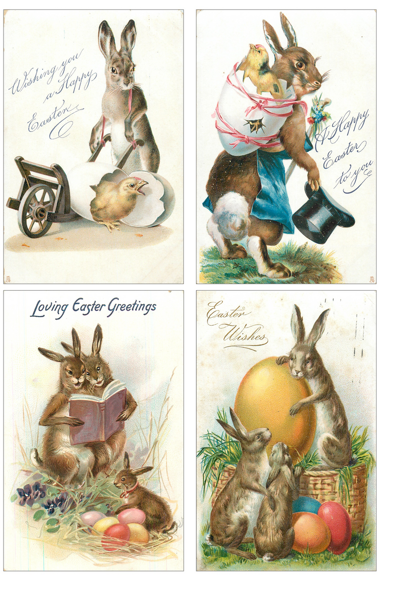 Vintage Victorian Easter Bunny Card Set Printable Retro Vintage Whimsical Ephemera Collage Elements Junk Journals, Decoupage & Scrapbooking