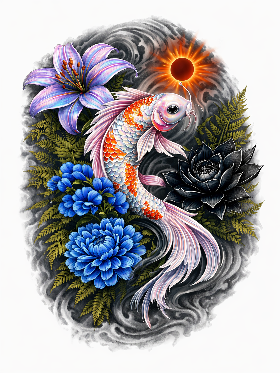 Iridescent Koi Fish Tattoo Design PNG Floral Japanese Style Wall Art Printable T Shirt Graphic Blue Flowers Purple Lily