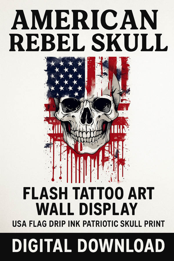 American Rebel Skull Flash Tattoo Art Wall Display  USA Flag Skull with Red Ink Drips – Patriotic Printable Digital Download 4th of July Art