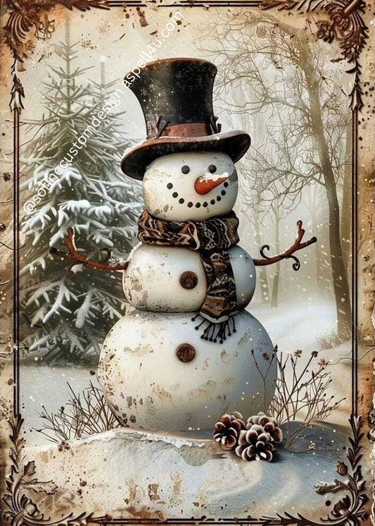 Antique Frosty Snowman Christmas Card You Can Edit in Canva for Free AI Created Digital Download with QR Code for Phone DIY Printable Cards