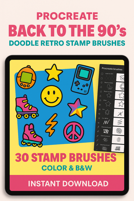 Back to the 90s Procreate Stamp Brushes | 30 Retro Doodle Stamp Brushes for iPad | 90s Aesthetic Color + B&W Brushset