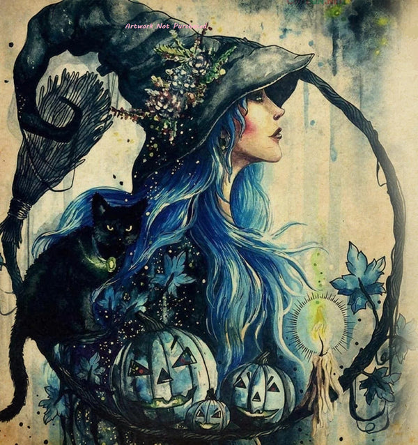 Black Cat Mystic Witch and Pumpkins Fantasy Art Print DIY Cottage Core Make Your Own Poster Cards Home Decor Instant Download