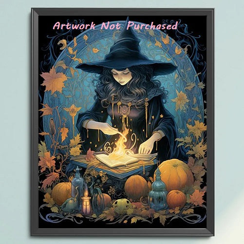 Mystic Witch with Spell Book of Shadows Fantasy Art Print DIY Cottage Core
