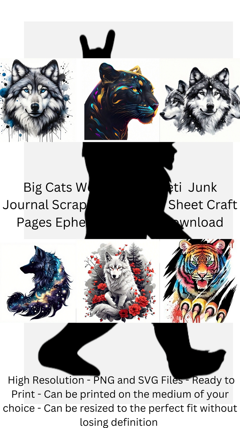 Big Cats Wolves and a Yeti AI Enhanced Versatile Digital Designed Instant Download Transparent PNG SVG Files Fairycore Cottagecore DIY Craft