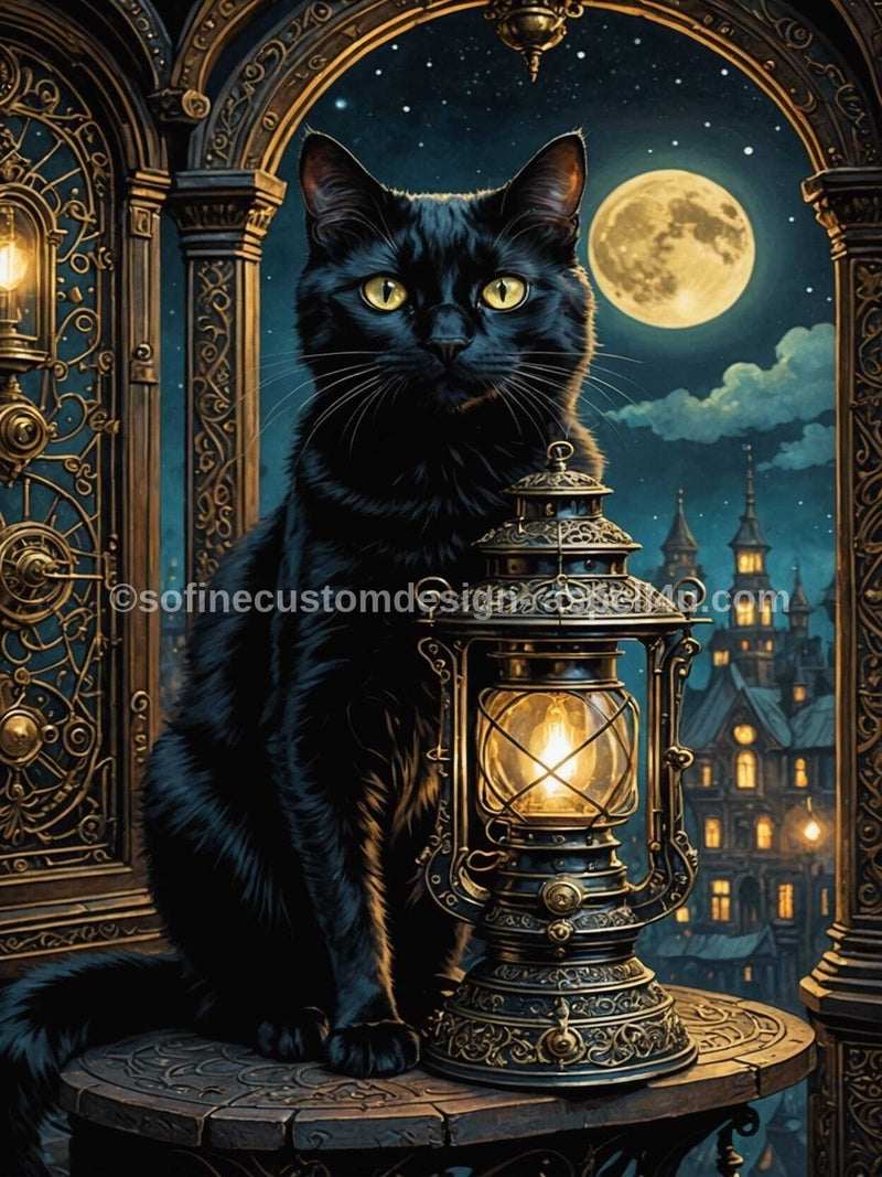 Mystic Black Cat with Lantern Full Moon - Digital Download - Canvas Poster - One of A Kind Print - Custom Made AI Designed