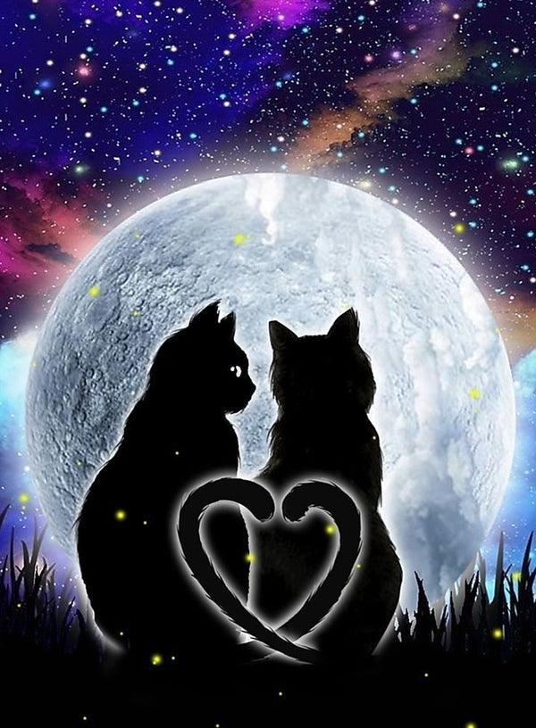 Black Cat Linking Tails into a Heart under Full Moon - High Resolution Versatile Digital Art Instant Download Fairycore, Cottagecore, Crafts