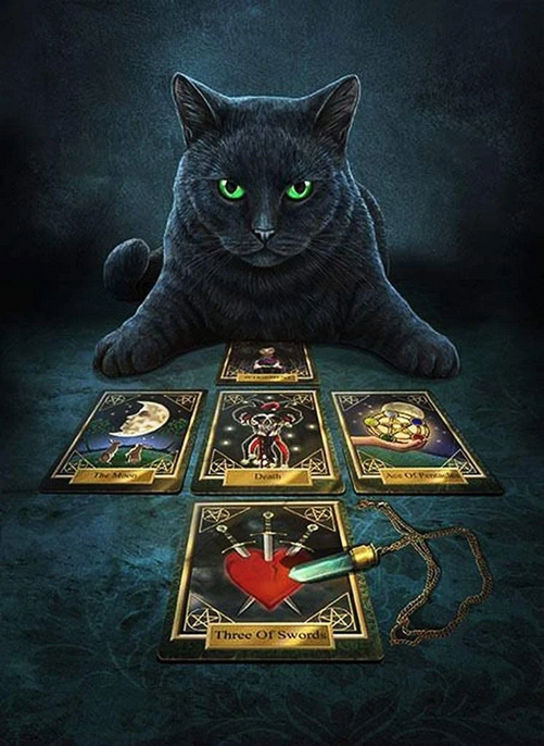 Mystical Black Cat Familiar With Tarot Cards - AI Enhanced Versatile Digital Designed Instant Download Fairycore, Cottagecore, DIY Craft