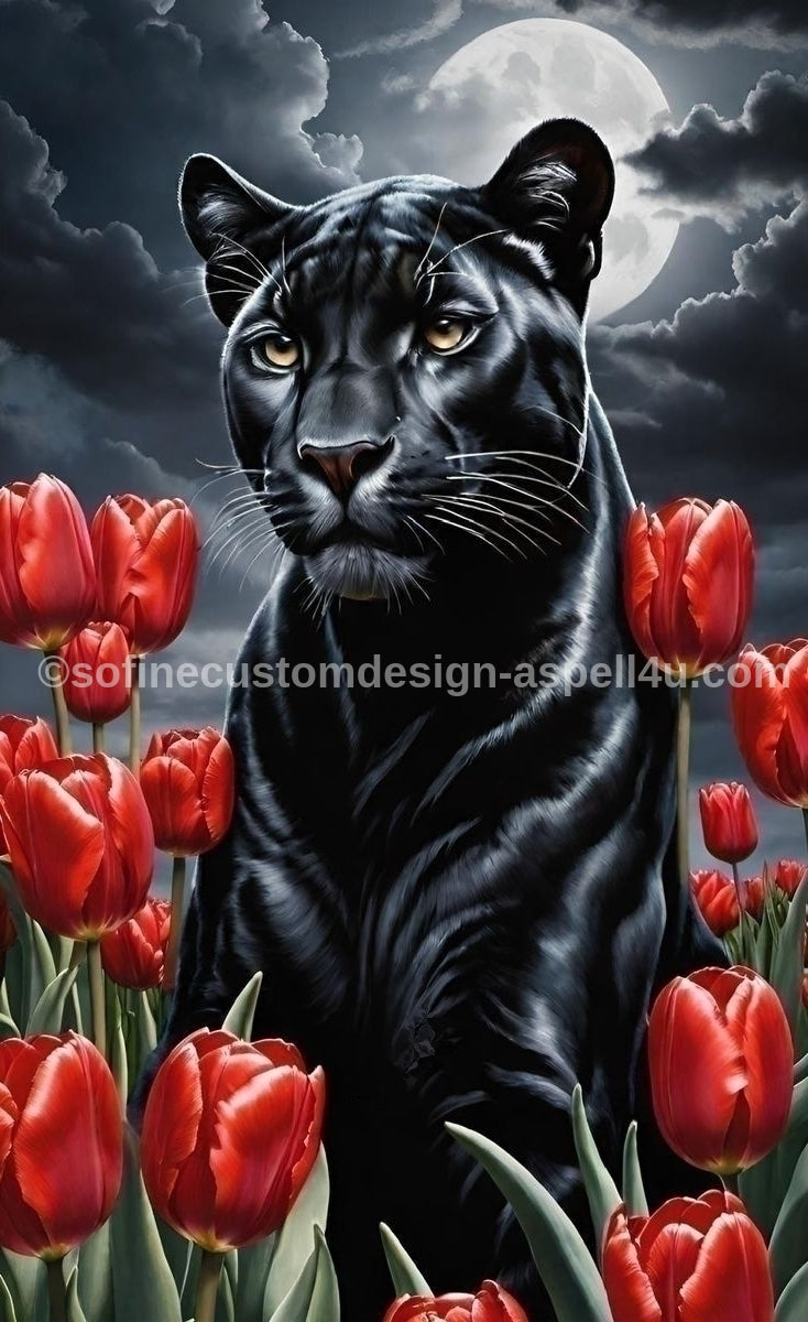 Black Panther Full Moon Red Tulips AI Created One of a Kind Digital Download Canvas Poster Wall Art DIY Printable Gift Make Your Own Crafts